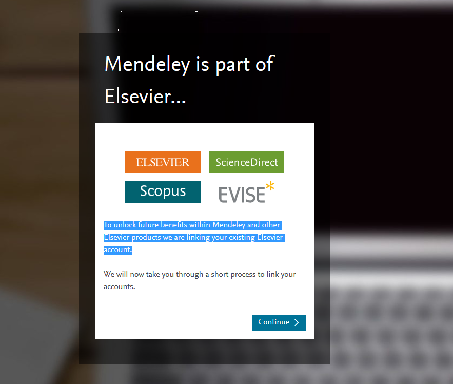 Screenshot of window regarding unifying account data when logging into Mendeley account